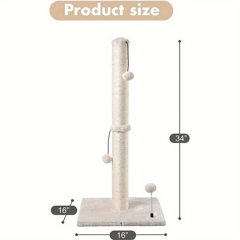 34-Inch Tall Sisal Cat Scratching Post with Hanging Toy