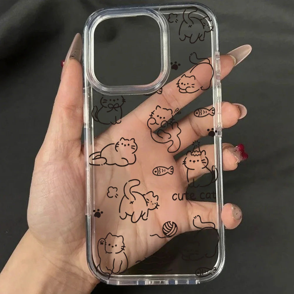 Cute Line Cat iPhone Case – Transparent Acrylic Shockproof Phone Cover