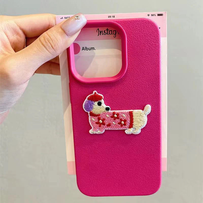 3D Embroidered Puppy iPhone Case – Cute Cartoon Dog Leather Pattern Cover