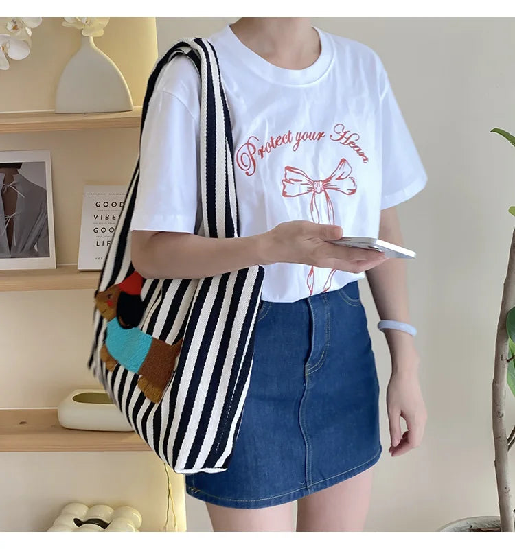Cute Dog Embroidery Women’s Canvas Shoulder Tote Bag – Large Capacity