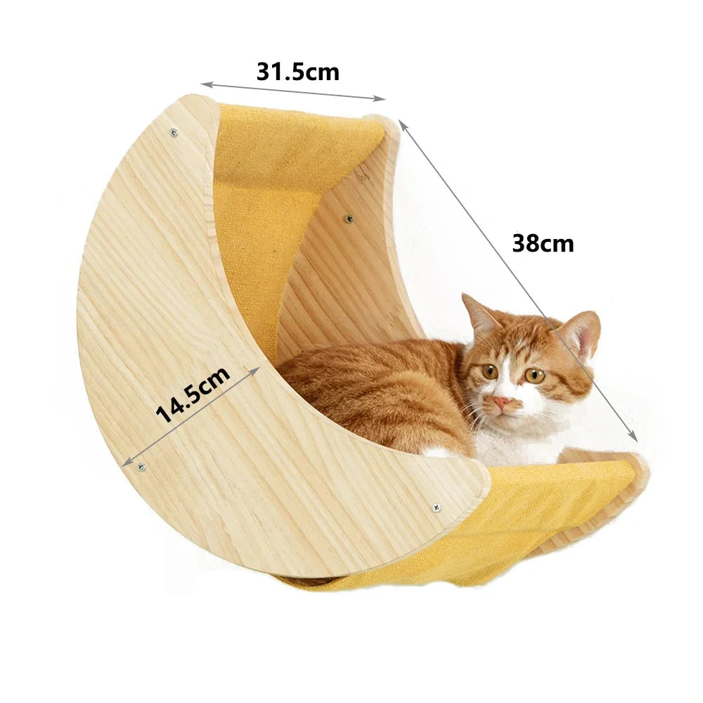 Wall-Mounted Wooden Cat Climbing Shelves with Hammock