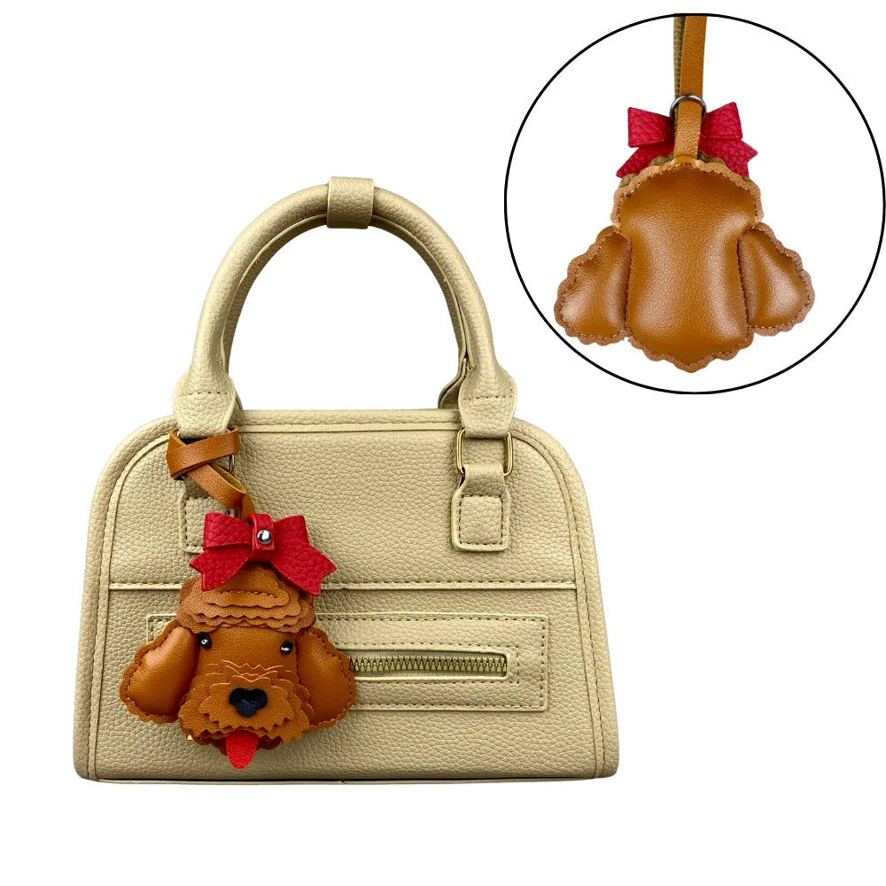 Handmade Leather Teddy Dog Bag Charm with Detachable Red Bow Tie – 3D Puppy Keychain for Bags