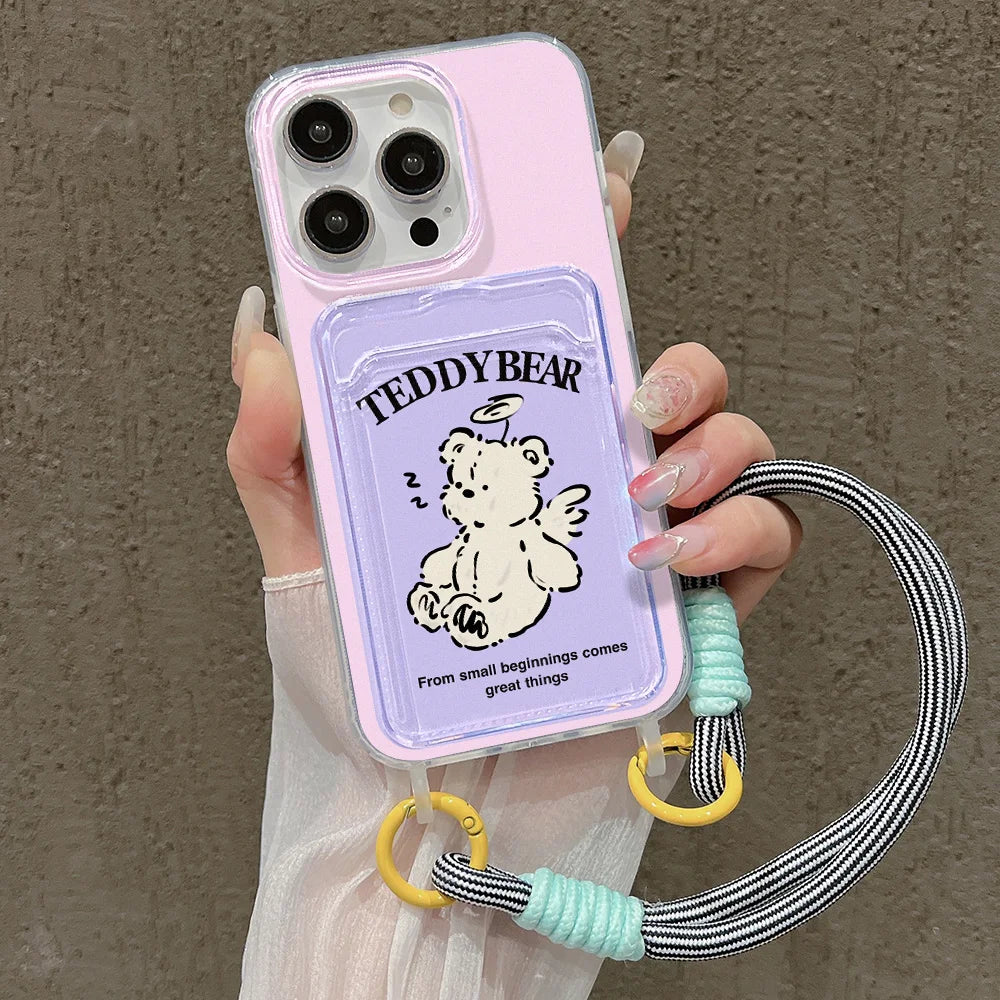 Cute Animal Wallet iPhone Case – Card Holder Silicone Phone Cover with Lanyard