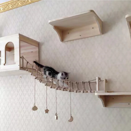Wall-Mounted Wooden Cat Bridge with Safety Net