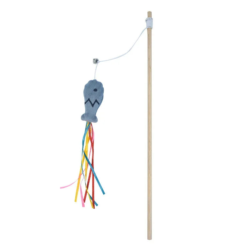 Interactive Cat Teaser Stick with Ribbon Fish & Catnip