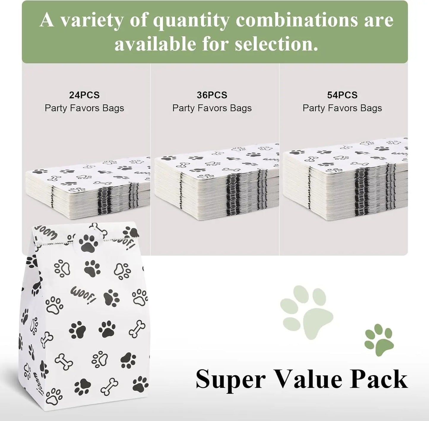 Pet Paw Print Gift Bags – 12 pcs, 22x12x8cm, Black & White Design for Dog Lovers