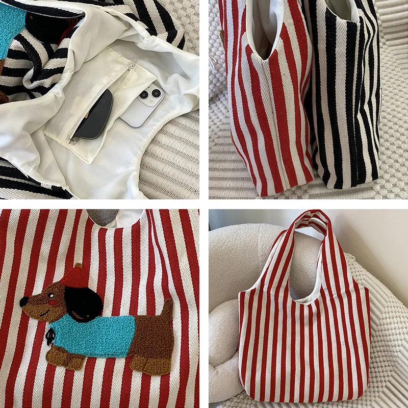 Cute Dog Embroidery Women’s Canvas Shoulder Tote Bag – Large Capacity