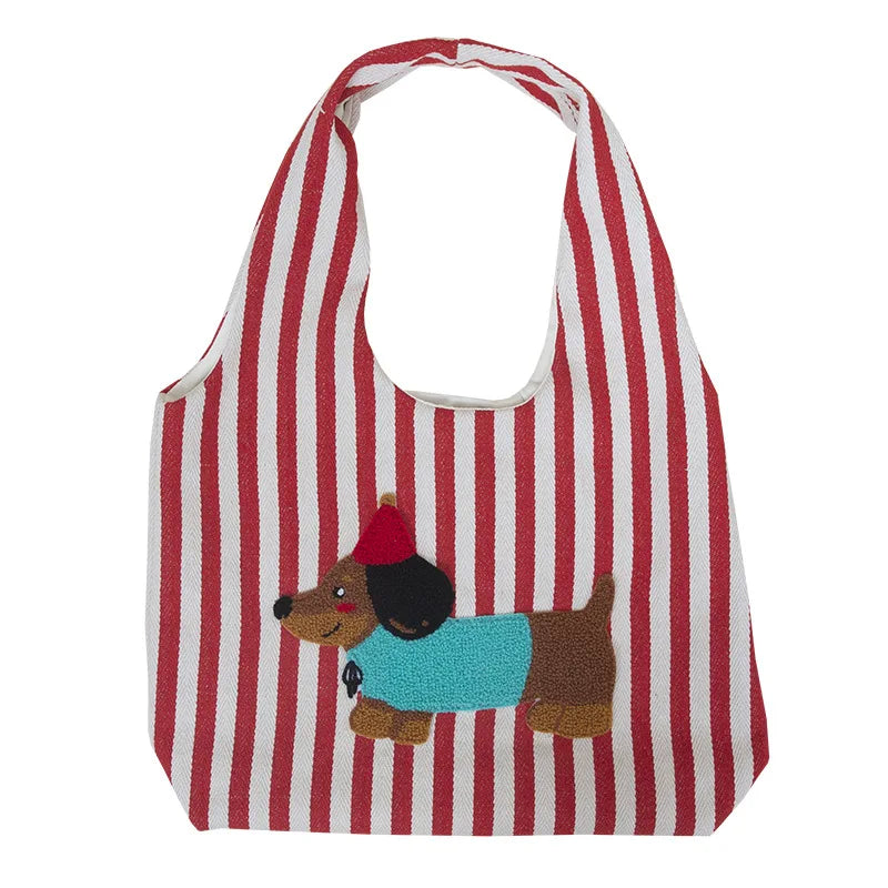 Cute Dog Embroidery Women’s Canvas Shoulder Tote Bag – Large Capacity