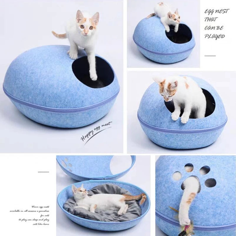Breathable Felt Cat Cave Bed with Removable Cushion