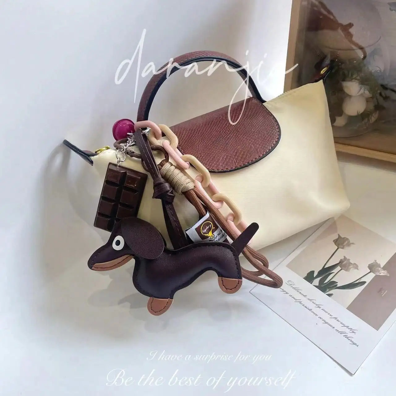 Cute Dachshund PU Leather Keychain with Bell