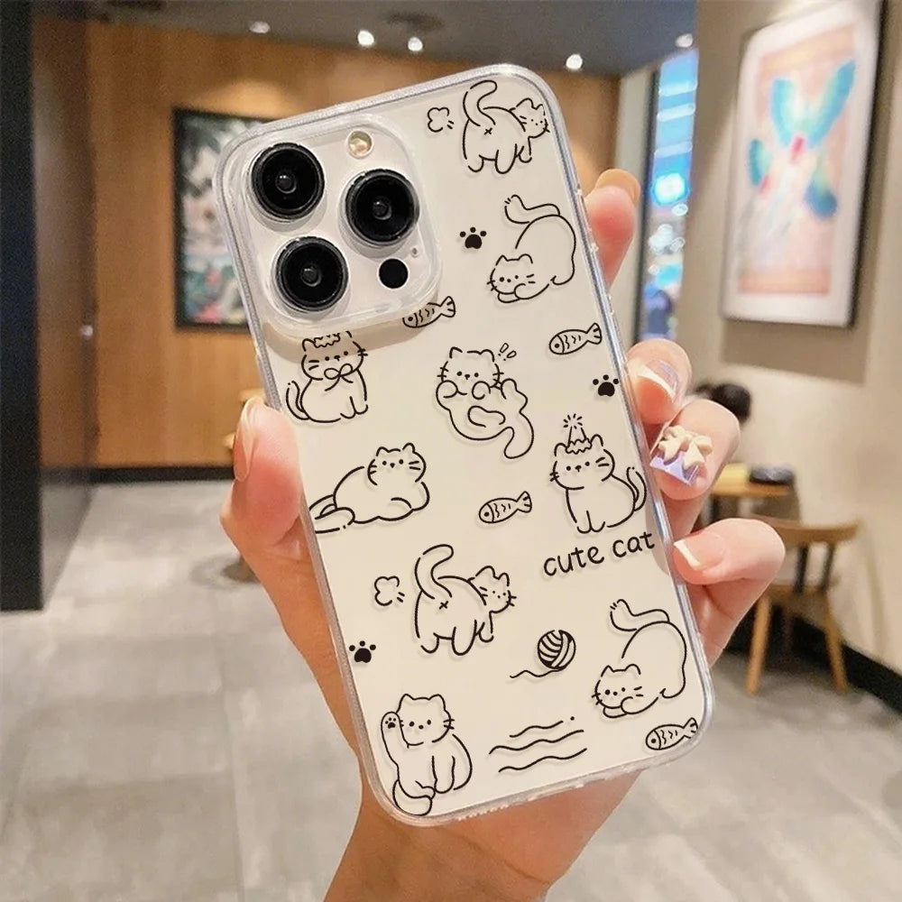 Cute Line Cat iPhone Case – Transparent Acrylic Shockproof Phone Cover