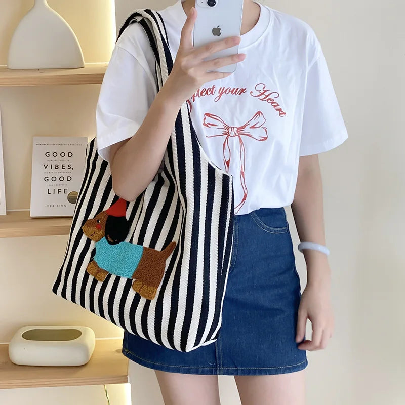 Cute Dog Embroidery Women’s Canvas Shoulder Tote Bag – Large Capacity