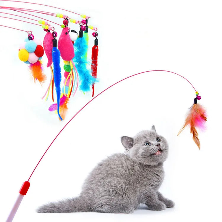 Funny Interactive Cat Teasing Stick with Feather, Bell & Plush Ball