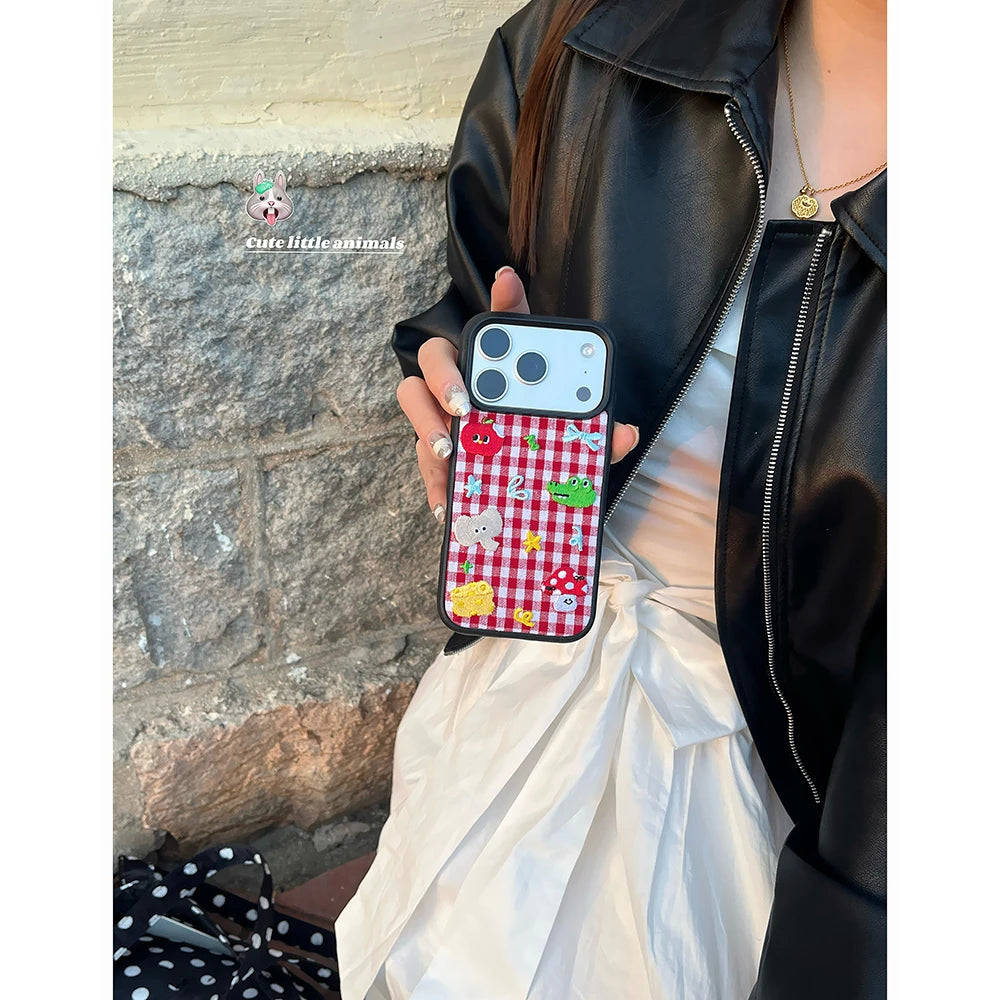 Cute Animal Embroidery Red Grid iPhone Case – Shockproof Full Coverage Cover