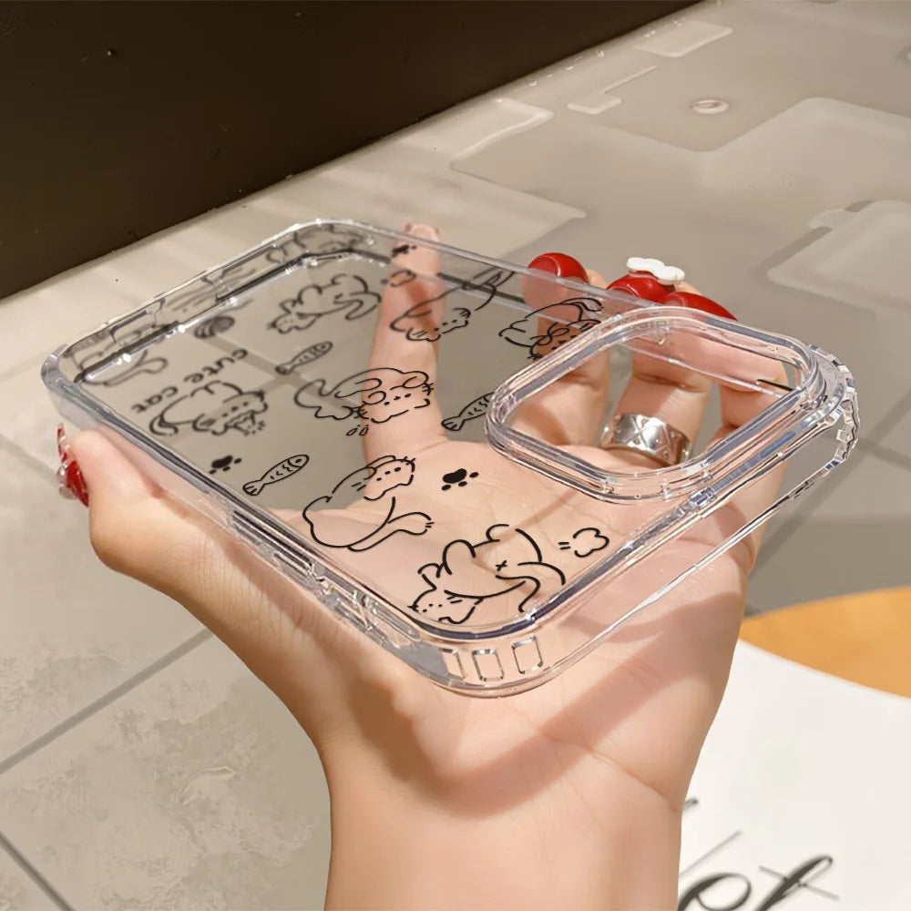 Cute Line Cat iPhone Case – Transparent Acrylic Shockproof Phone Cover