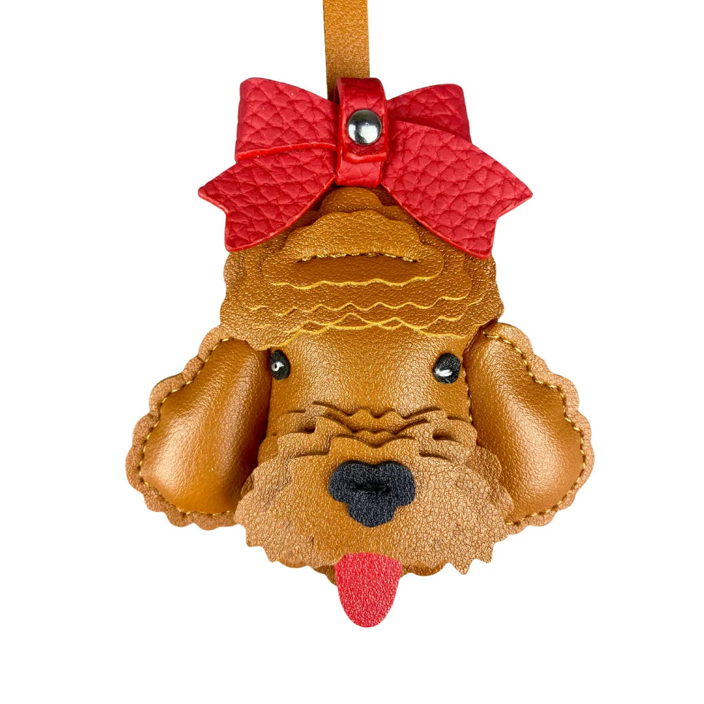 Handmade Leather Teddy Dog Bag Charm with Detachable Red Bow Tie – 3D Puppy Keychain for Bags