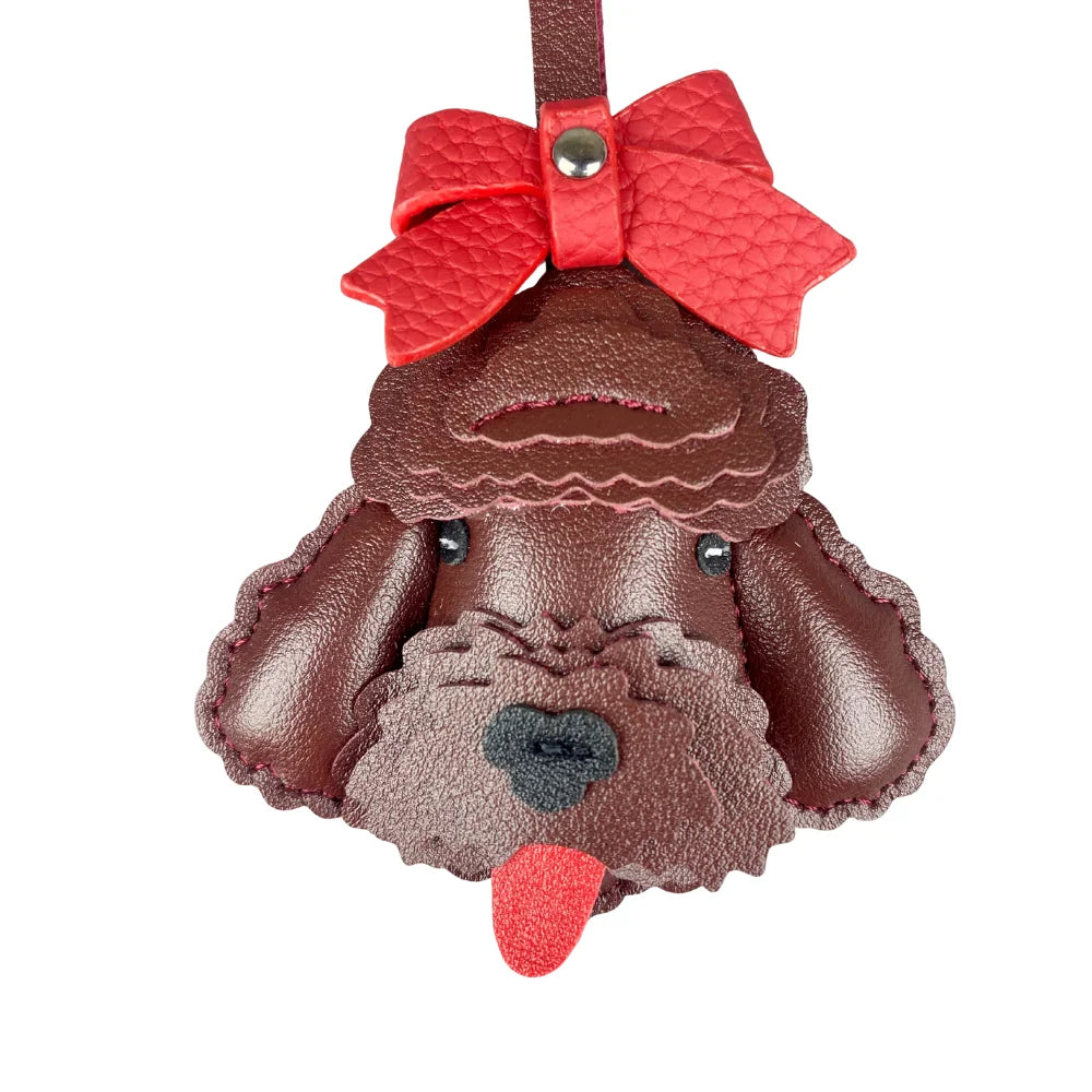 Handmade Leather Teddy Dog Bag Charm with Detachable Red Bow Tie – 3D Puppy Keychain for Bags