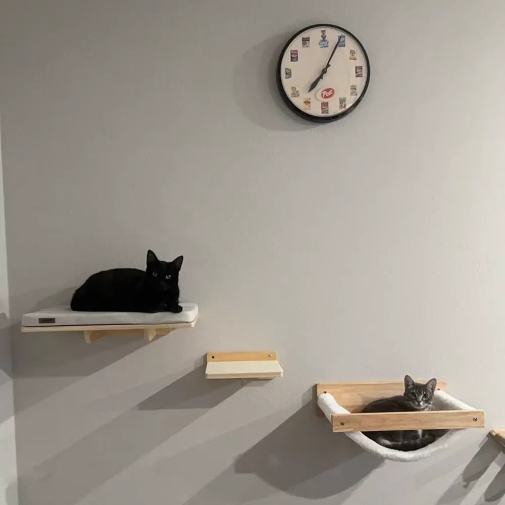 Wall-Mounted Wooden Cat Climbing Shelves with Hammock