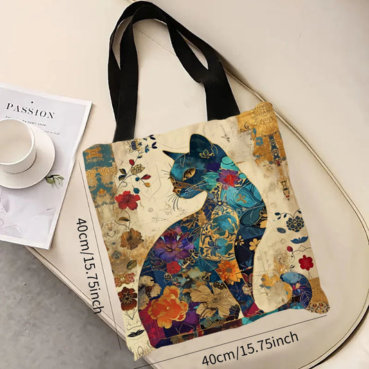Cat Floral Retro Tote Bag – Large Capacity Casual Shoulder Shopping Bag
